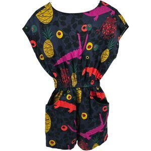LHD Romper Shorts Faux Wrap Elastic Pineapple Fruits Art Deco Art to Wear S NWT